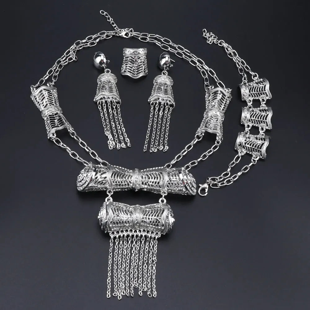 Luxury Dubai Silver Colour Jewellery Sets Necklace Bracelet Earrings Ring Set