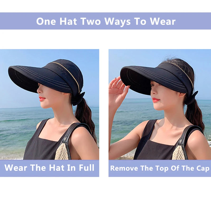 Women's Summer Sun Hat Removable Zipper Cap Top Anti-UV Foldable Big Brim Visor Cap for Cycling