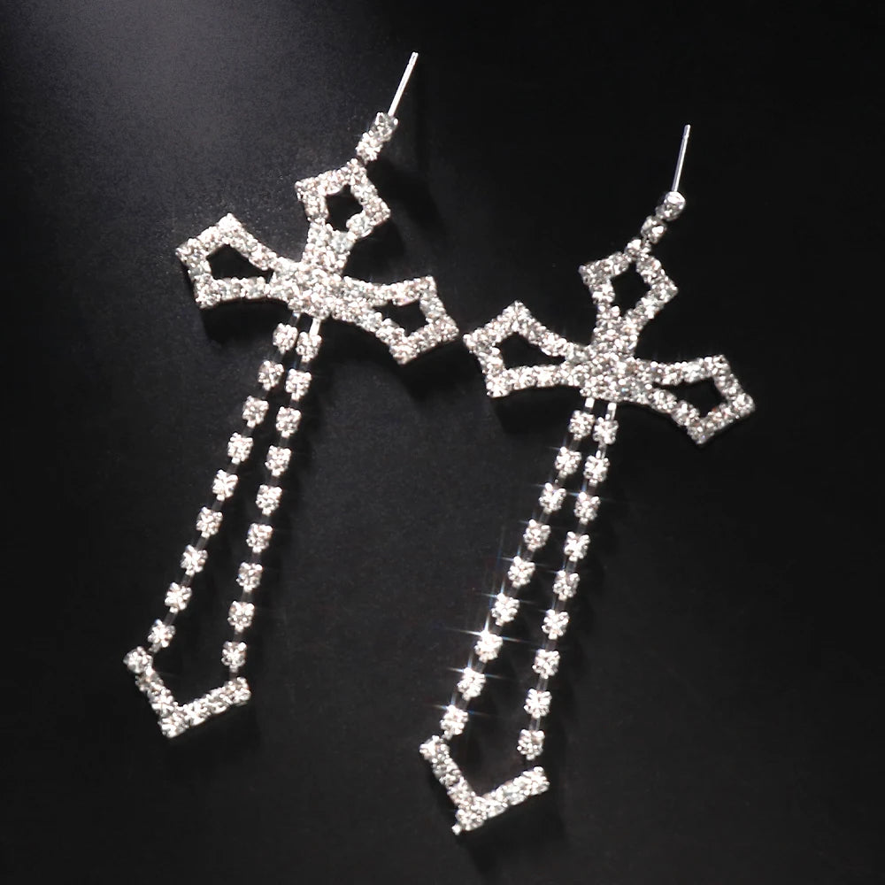 Bridal Crystal Cross Shape Long Earrings Sparkly Dangle Earrings