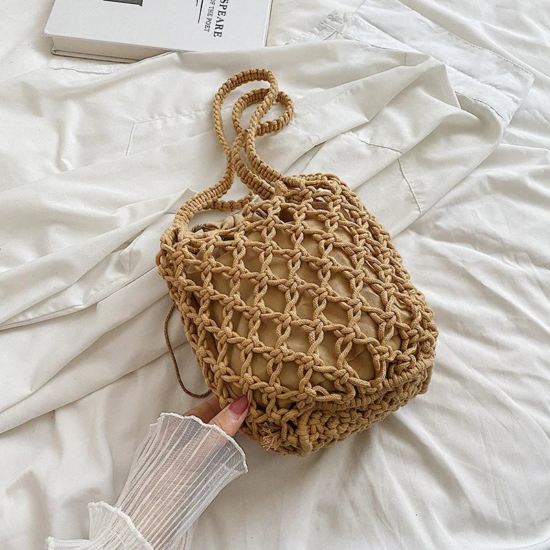 Drawstring Women's Straw Bucket Bag Summer Woven Shoulder Bags Purse Beach Handbag Straw Handbags Casual Crossbody Bag - Hiron Store