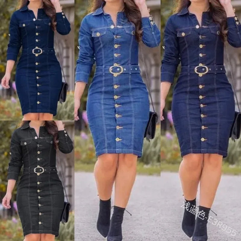 2024 Ladies Fashion Fastener Decoration Lapel Single Breasted Long Slim-Fit Long-Sleeved Denim Goddess Dress - Hiron Store