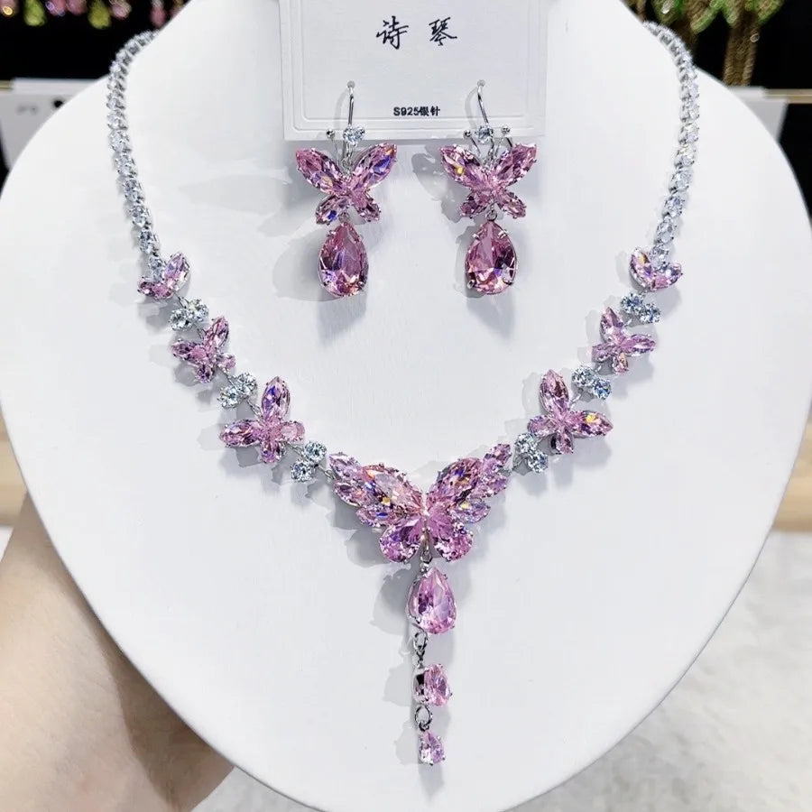 Women Colorful Fashion Zircon Necklace Earrings 2025