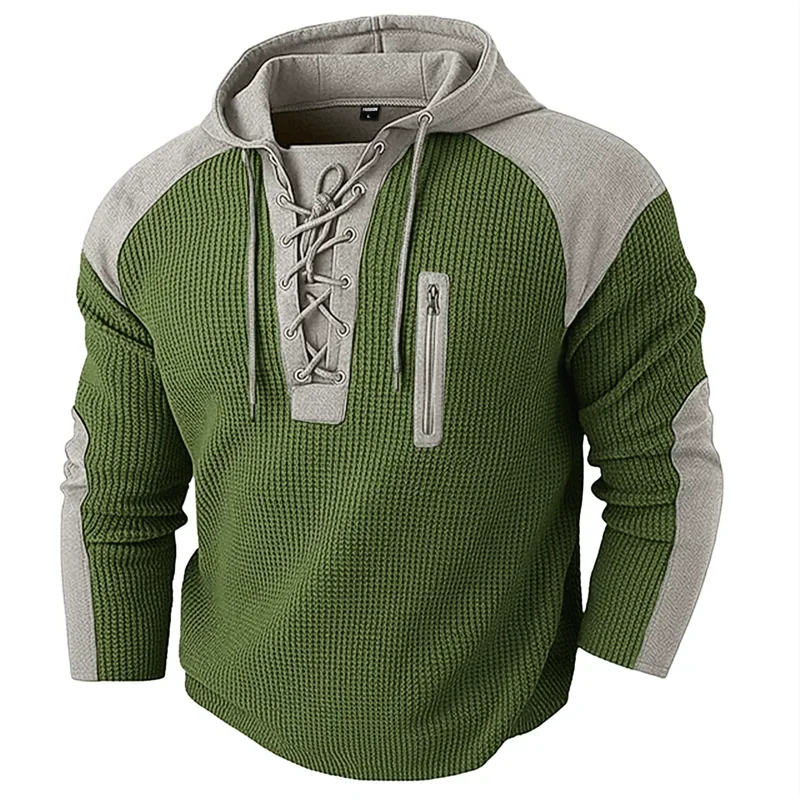 Spring Autumn Men's Casual Hooded Sweatshirt Vintage Patchwork Sports Pullover Fashion Drawstring Hoodie