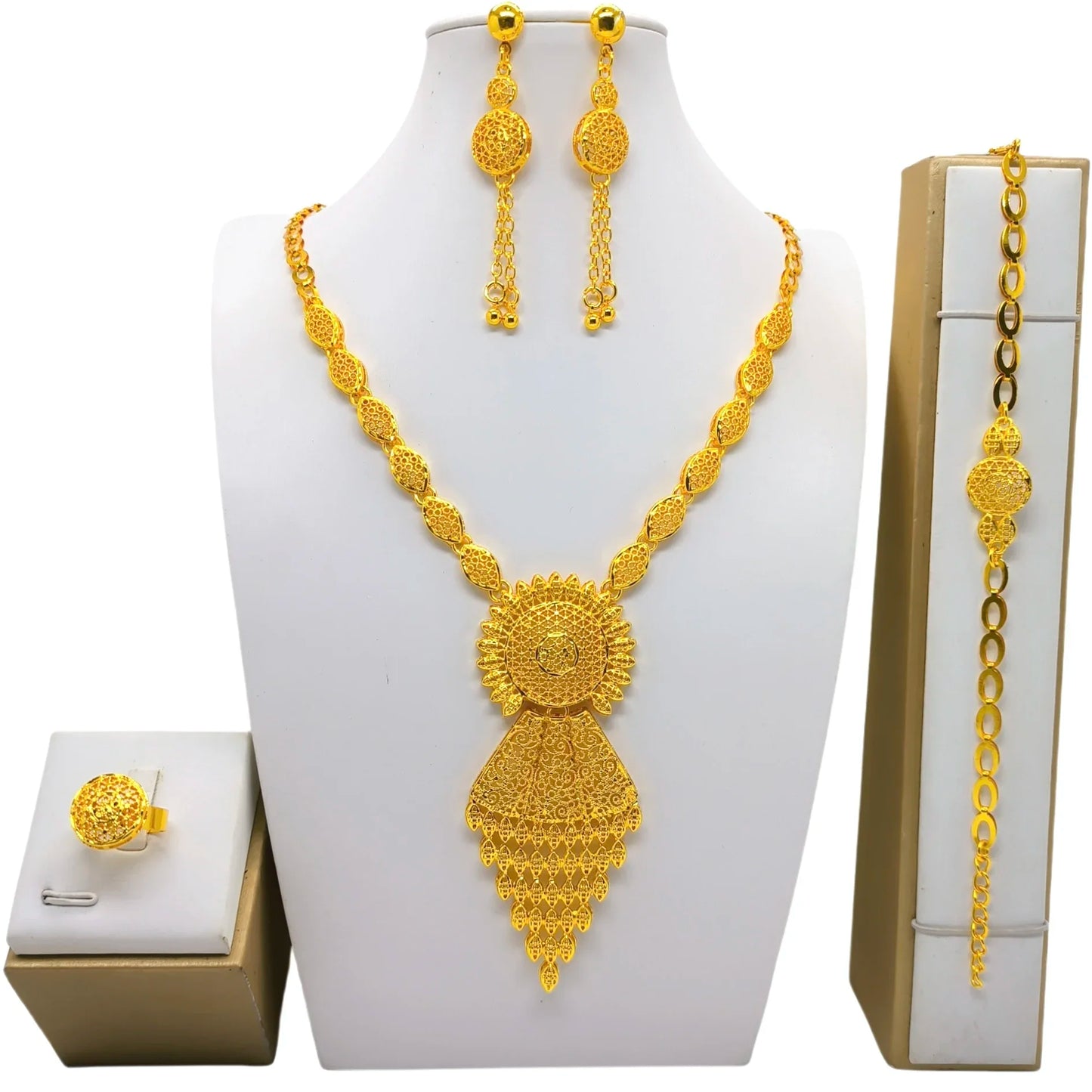 Fashion India Latest Design Jewelry Luxury African Jewelry Necklace Earrings Ring Bracelet Set Dubai Gold Color