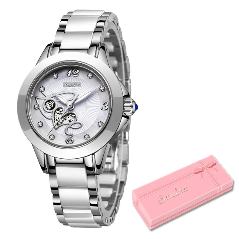 LIGE Brand SUNKTA Luxury Ladies Watch Black Ceramic Diamond Waterproof Quartz Watch for Women Wristwatch Clock Relogios Feminino - Hiron Store
