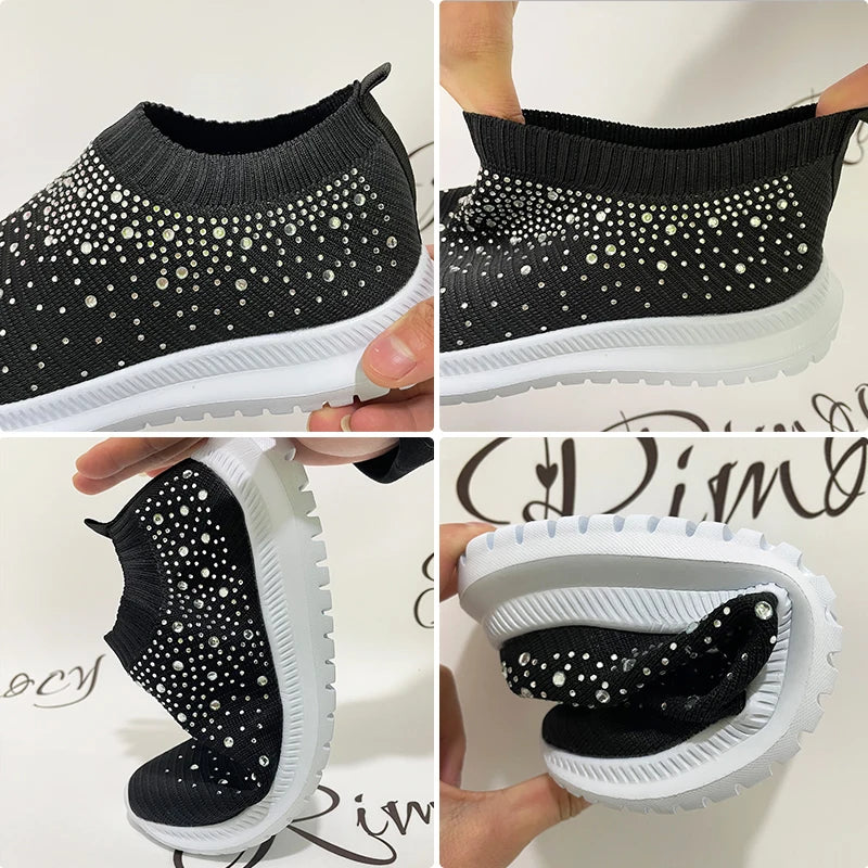 Rimocy Crystal Breathable Mesh Sneaker Shoes for Women Comfortable Soft Bottom Flats Plus Size 43 Non Slip Casual Shoes Woman - Hiron Store