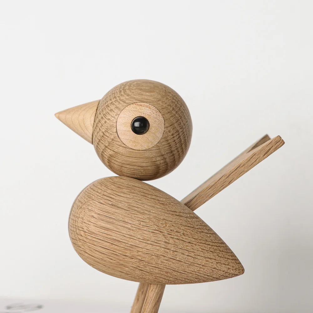 Nordic Style Oak Sparrow Figurine Wooden Dolls Lovely Nature Teak Wood Bird Figures Ornament