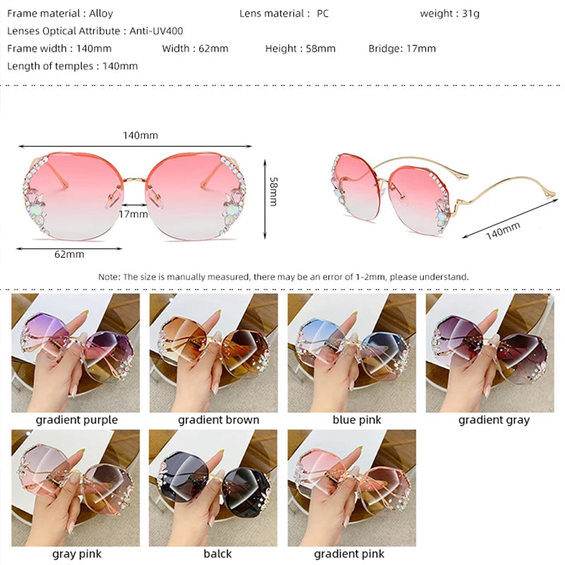 Luxury Fashion Oversized Rimless Sunglasses Women Fashion Brand Designer Big Frame Diamond Square Sun Glasses For Female - Hiron Store