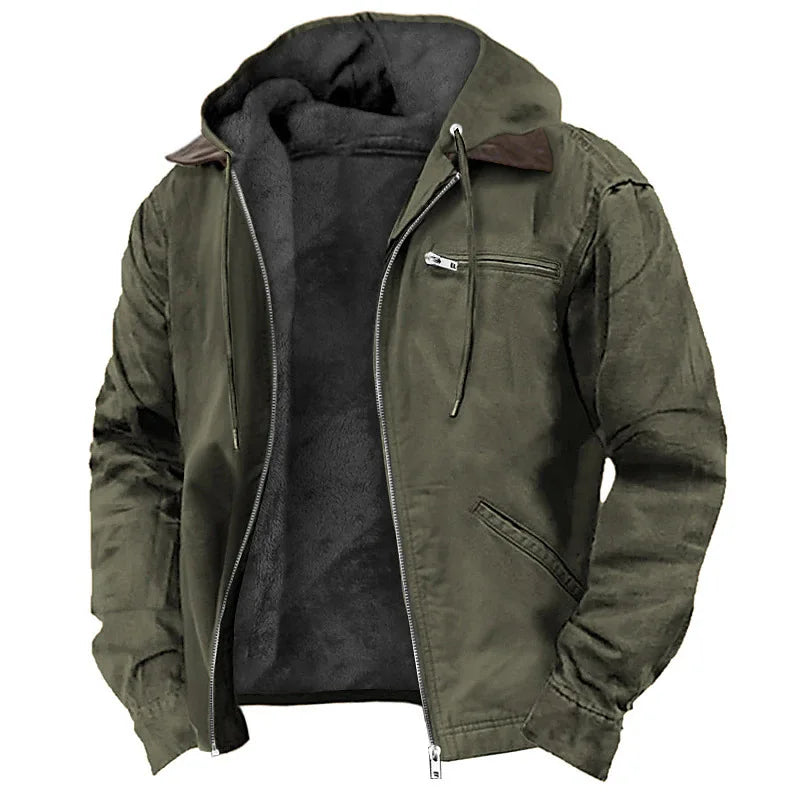 2026 men's European solid-color hooded   fleece jacket casual cotton zipper coat With pocket