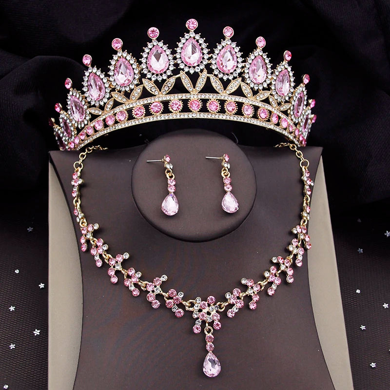 Quality Gold Color Pink Bridal Jewelry Sets for Wedding Dress Tiaras Crown Earrings Bride Necklace Set