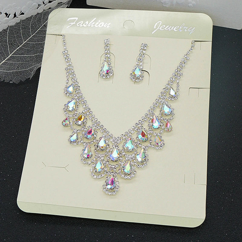 Crystal Blue Red Bridal Jewelry Sets Teardrop Shape Wedding Necklace Earrings Fashion Party Jewelry Sets Women Accessories - Hiron Store
