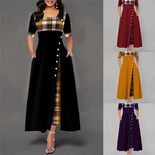 Women's Fashion Half Sleeve Plaid Print Button Detail Maxi Dress