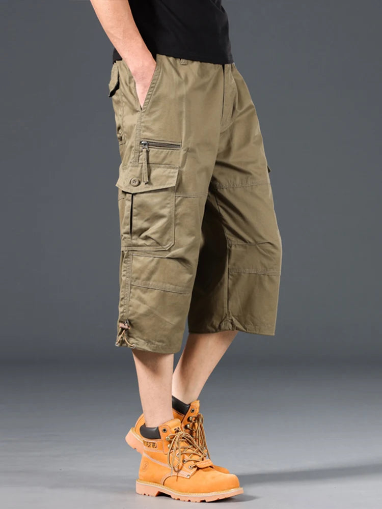 Summer Men's Cargo Shorts Loose Casual Below Knee Pants Elastic Waist Plus Size Outdoor Jogging Tactical Capri Pants - Hiron Store