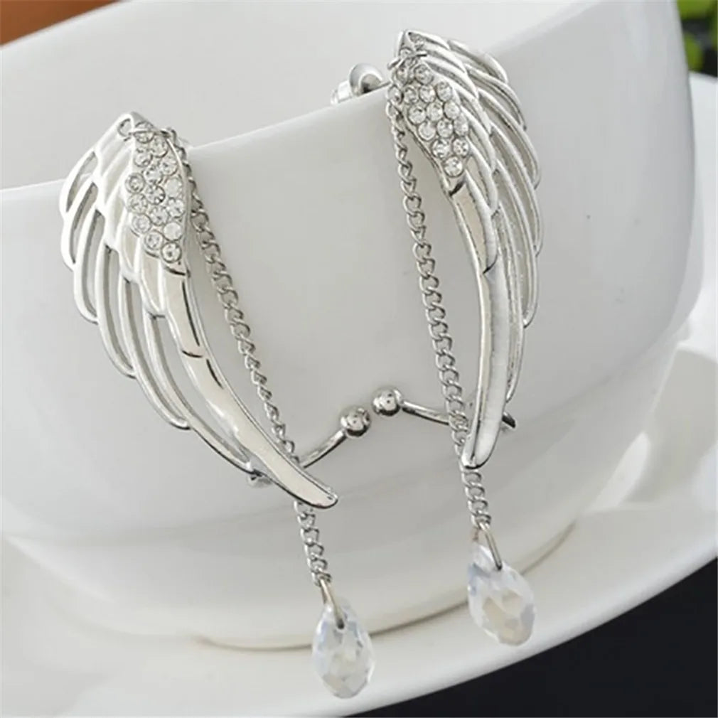 European and American Fashion Angel Wings Crystal Earrings for Women Drop Dangle Ear Stud Long Cuff Clip Tassel Ear Jewelry Gift - Hiron Store