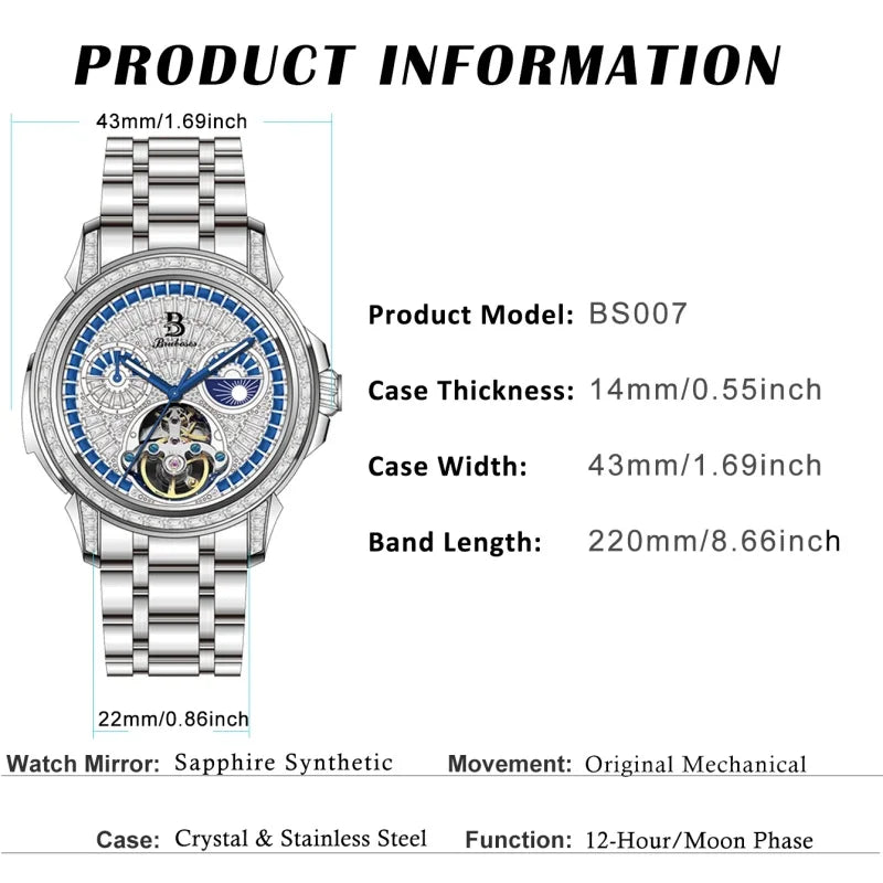 Men's Mechanical Watch Winding 316L Steel Bracelet BRUBOSES Automatic Waterproof Wristwatch