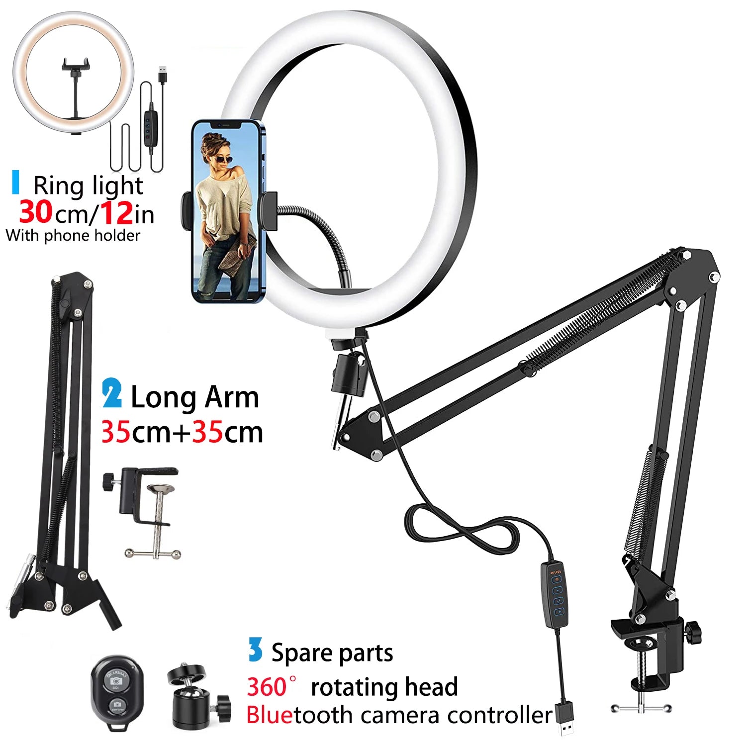 LED Selfie Ring Light Phone Stand With Folding Arm Circle Fill Light Dimmable Tripod Photography RingLight For YouTobe Streaming - Hiron Store