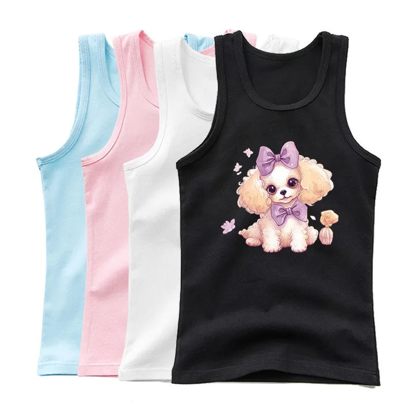 3-14years Girls Shiba Inu Dog Print Tank Top Children Cute Dog Sleeveless T-shirt