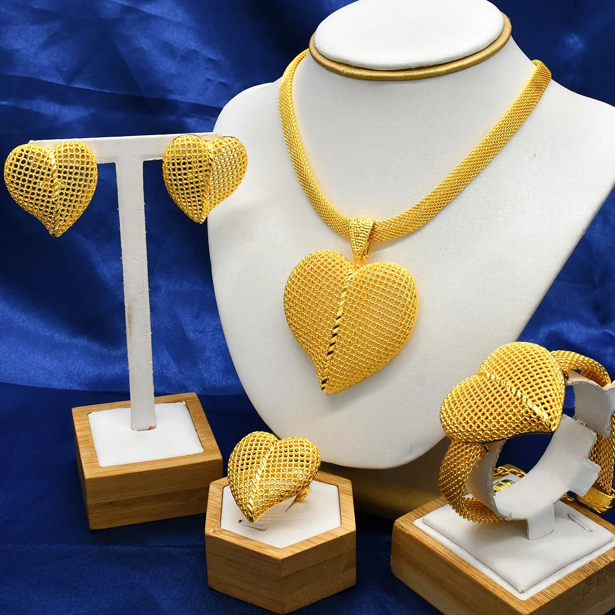 ANIID Indian Luxury Heart Necklace And Earrings Sets For Women Gifts Ethiopian Bridal 24k Gold Plated Copper Jewelry Set Wedding - Hiron Store