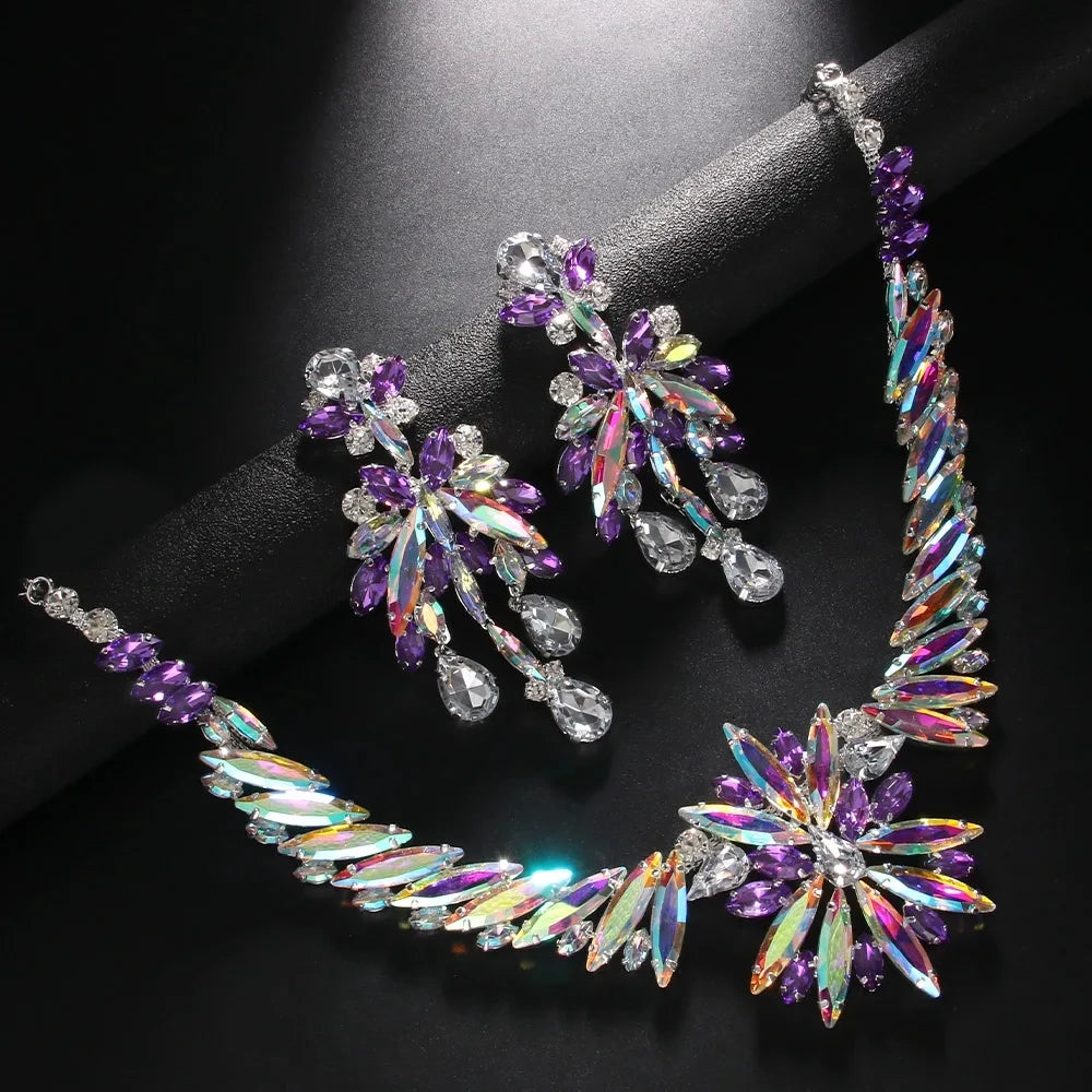 Flowers Necklace Earrings Set for Women Statement Rhinestones Jewellery Set