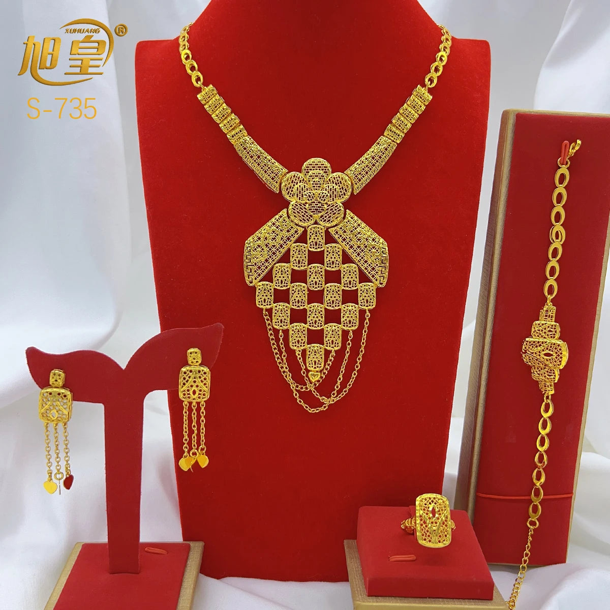 Dubai Gold Color Jewelry Set Bridal Indian Long Necklace Set Nigerian Choker Necklace Bracelet Earring Ring Sets