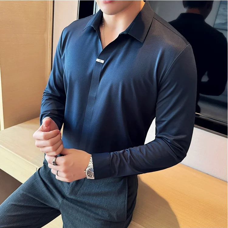 High Elastic V-neck Non-marking POLO Shirt, Autumn Long sleeved Casual Business, Solid Color  T-shirt, Men's Clothing
