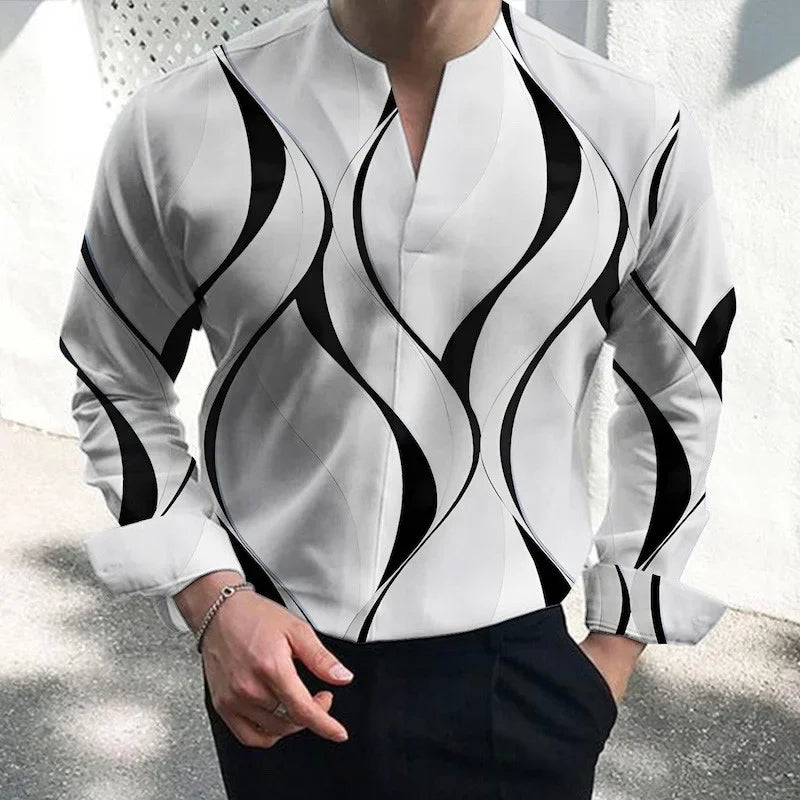 New Spring Autumn Long Sleeve Men's Printed Loose Streetwear Top Men Lapel Button-Down Casual Shirt Fashion Simple Office Blouse - Hiron Store
