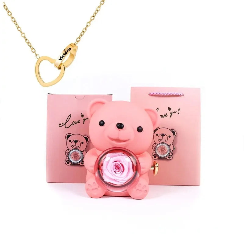 Eternal Rose Teddy Bear Gifts Box with Necklace Rotate Rose Jewelry Box