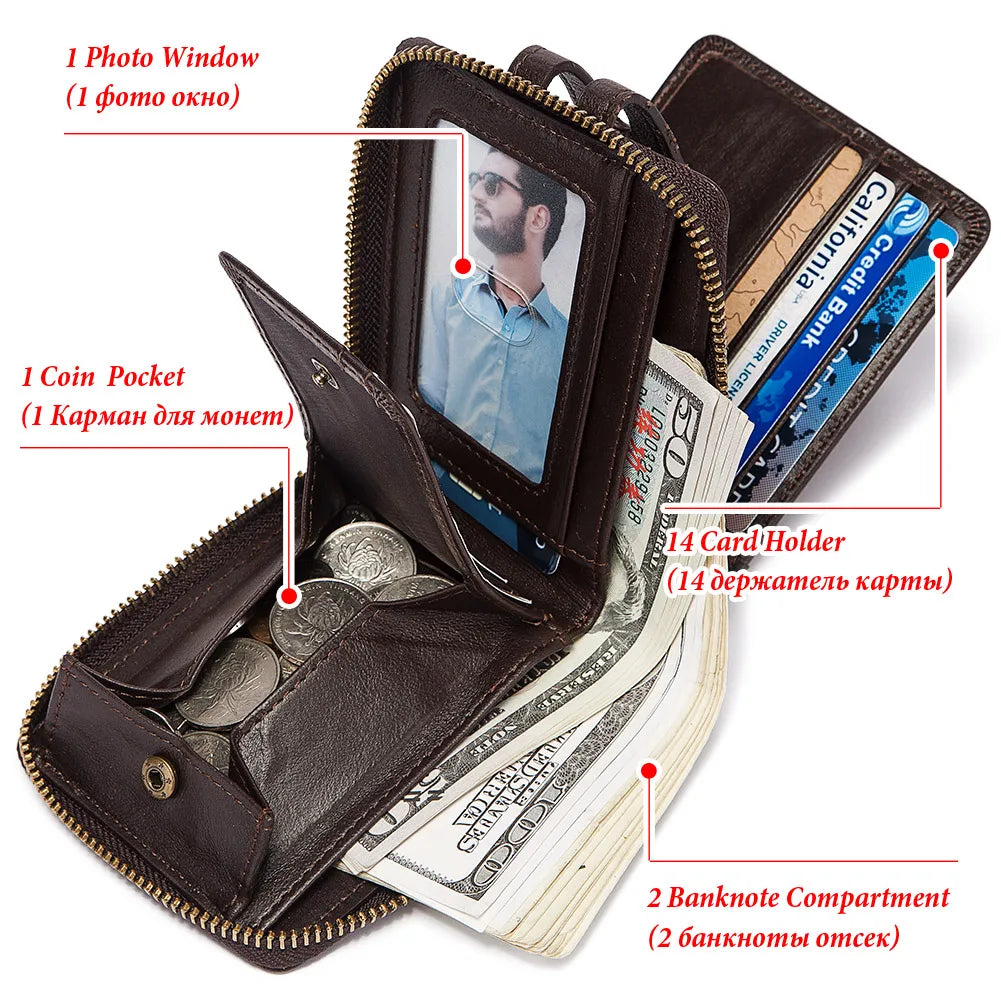 Cowhide Genuine Leather Men Wallet RFID Blocking Multi-Card Holder ID Money Bags