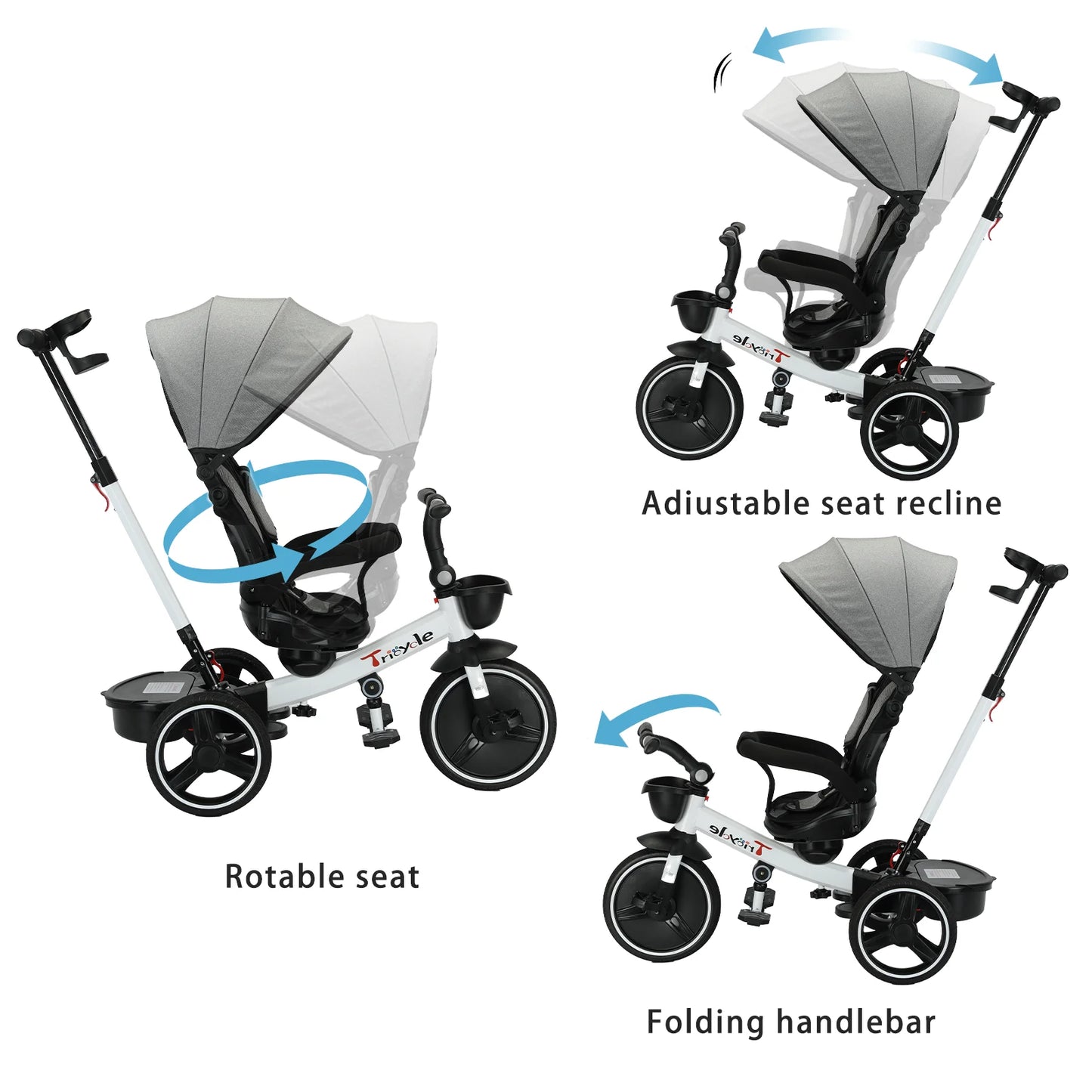 Baby Tricycle, 6-in-1 Baby Push Bike Steer Stroller, Detachable Guardrail, Adjustable Canopy