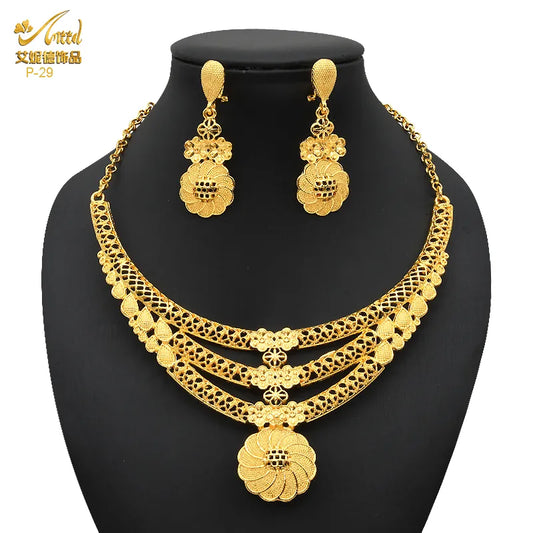 Indian Gold Plated Jewelry Set For Women African Bridal 24K Gold Color Necklace Earrings Set Dubai Nigerian Wedding Wholesale - Hiron Store