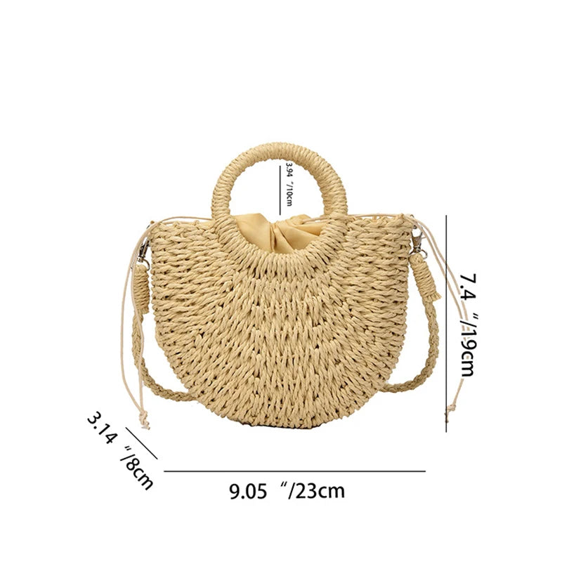 Handwoven Straw Rattan Half-Moon Beach Handbag Large Capacity Crossbody Shoulder Bag