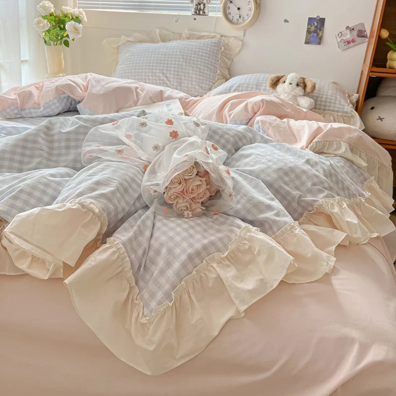 Bedding Set Soft Skin-friendly Lattice Lace Ruffles Quilt Duvet Covers Set Pillowcases