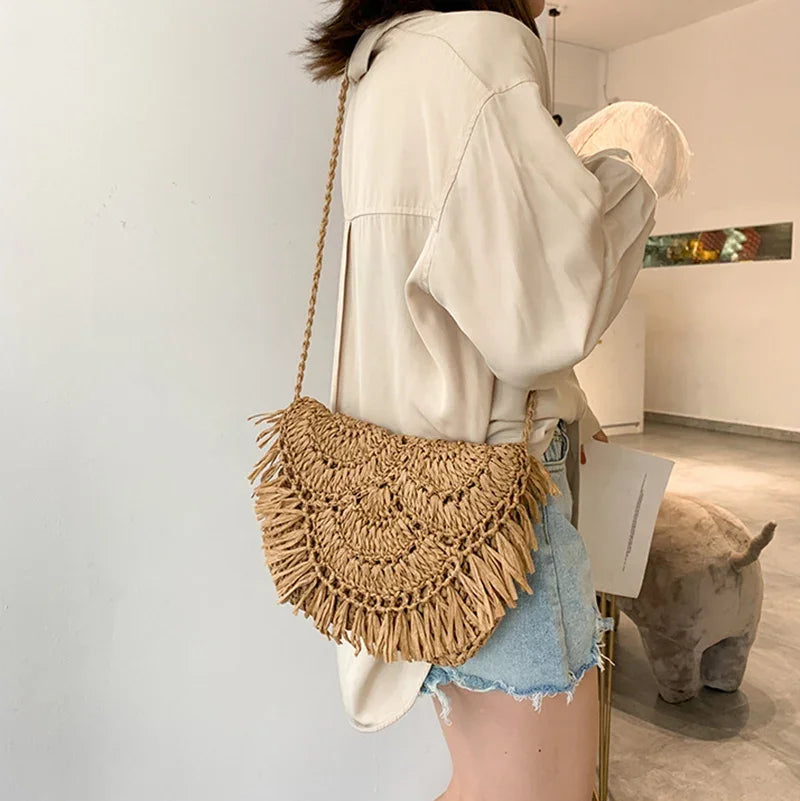 New Arrival Handmade Straw Shoulder Bags for Women Tassel Crossbody Bag Pouch Female Travel Beach Phone Purse Vintage Handbags - Hiron Store