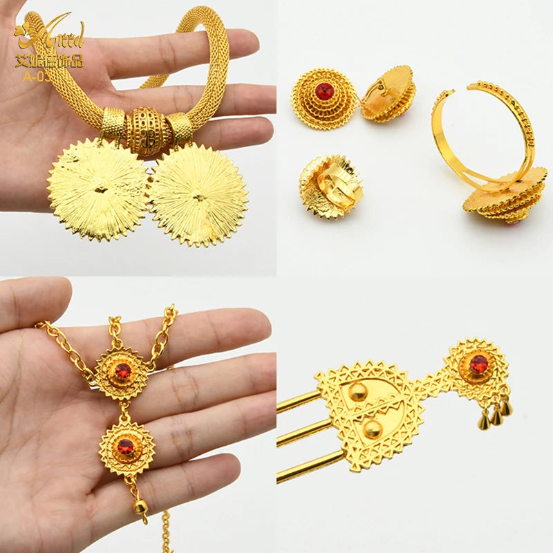 ANIID Ethiopian Gold Plated 6PCS Jewelry Set For Women Indian Red Crystal Luxury Jewellery Sets