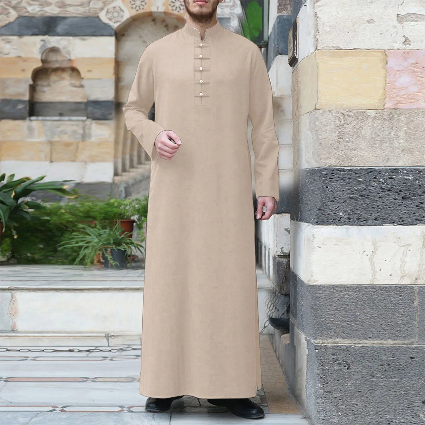 Muslim Robe Men Jubba Thobe Saudi Arabia Kaftan Solid Color Stand Neck Homme Abaya Caftan Islamic Clothing Islam Dress Eid Abaya - Hiron Store