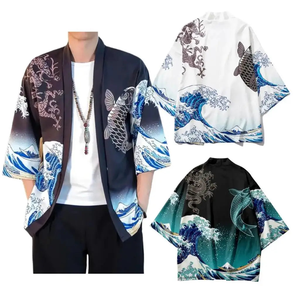 Men's Summer Green Wave Carp Pattern Kimono Cardigan Women's Japanese Traditional Clothing Plus Size Printed Beach Coat - Hiron Store