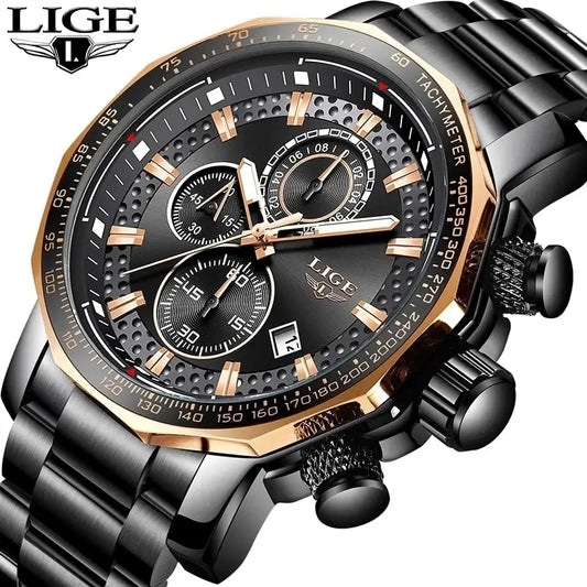 LIGE New Sport Chronograph Mens Watches Top Brand Luxury Full Steel Quartz Clock Waterproof Big Dial Watch Men Montre Homme - Hiron Store