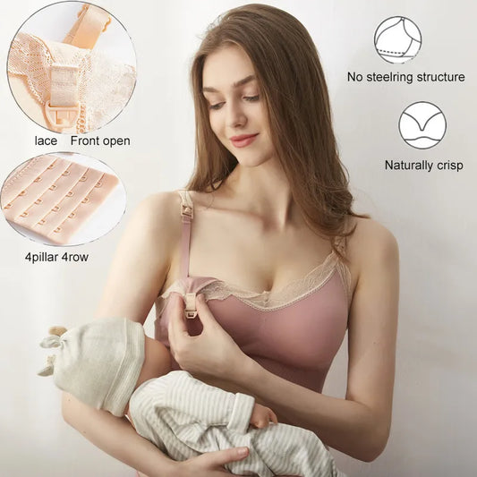 Wireless Front Open Nursing Bra Soft Lace Breathable Seamless Maternity Breastfeeding Bras Maternal Support For Pregnant Women - Hiron Store