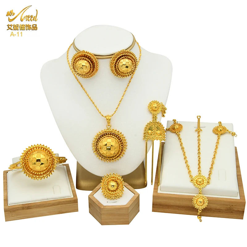 ANIID Ethiopian Gold Plated 6PCS Jewelry Set For Women Indian Red Crystal Luxury Jewellery Sets