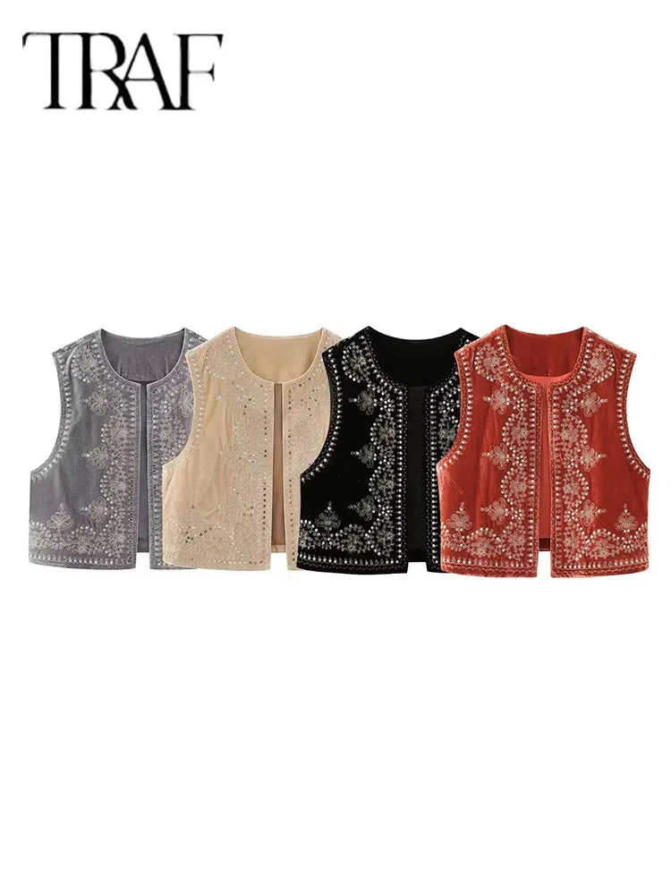 Embroidered Vest Sleeveless Jacket Women V Neck Chic Waistcoats Female Fashion Vests Coat