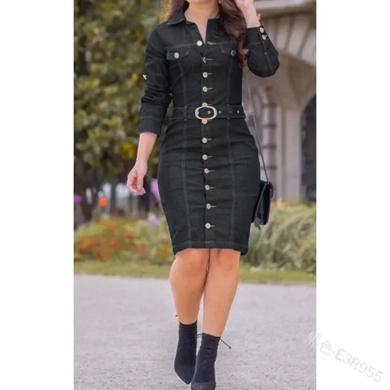 2024 Ladies Fashion Fastener Decoration Lapel Single Breasted Long Slim-Fit Long-Sleeved Denim Goddess Dress - Hiron Store