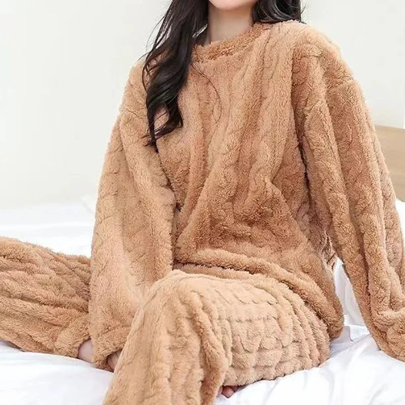 Women Warm 2 Piece Sets Thicken Velvet  Fleece Set Pullover And Pants Pajama Sets