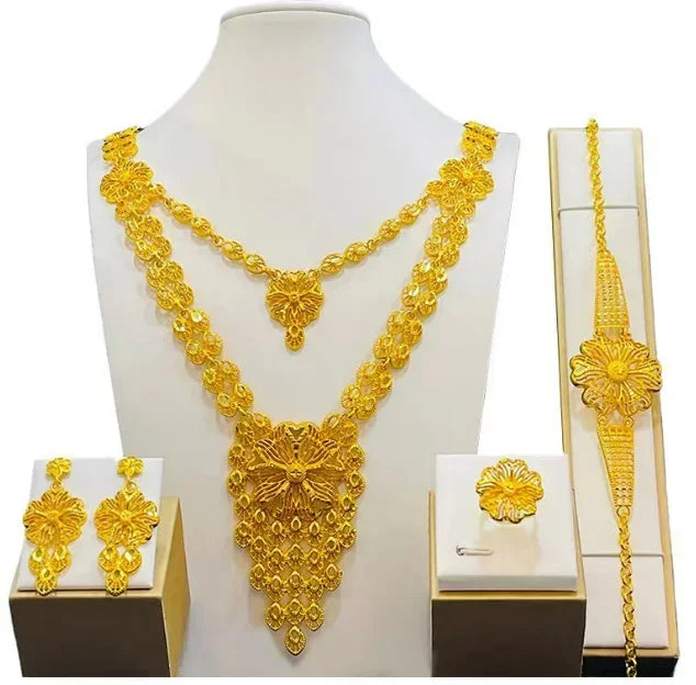 Fashion India Latest Design Jewelry Luxury African Jewelry Necklace Earrings Ring Bracelet Set Dubai Gold Color