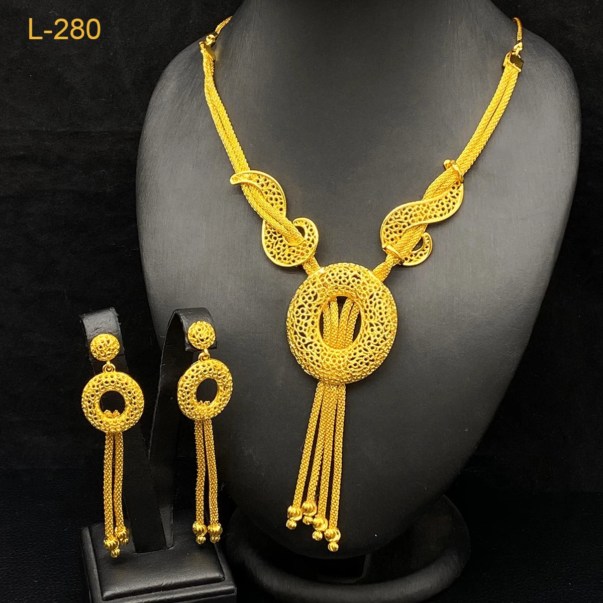 ANIID Luxury African Pendant Necklace Earrings Set With Tassel for Women Arabic Banquet 24K Gold Plated Jewelry Sets Party Gifts - Hiron Store