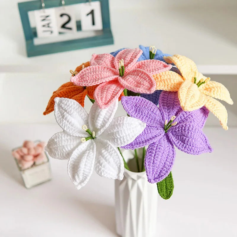 Lily Crochet Artificial Flowers Hand Woven Crochet Cotton Birthday Gifts Simulation Home Wedding Store Party Decorations Bouquet - Hiron Store