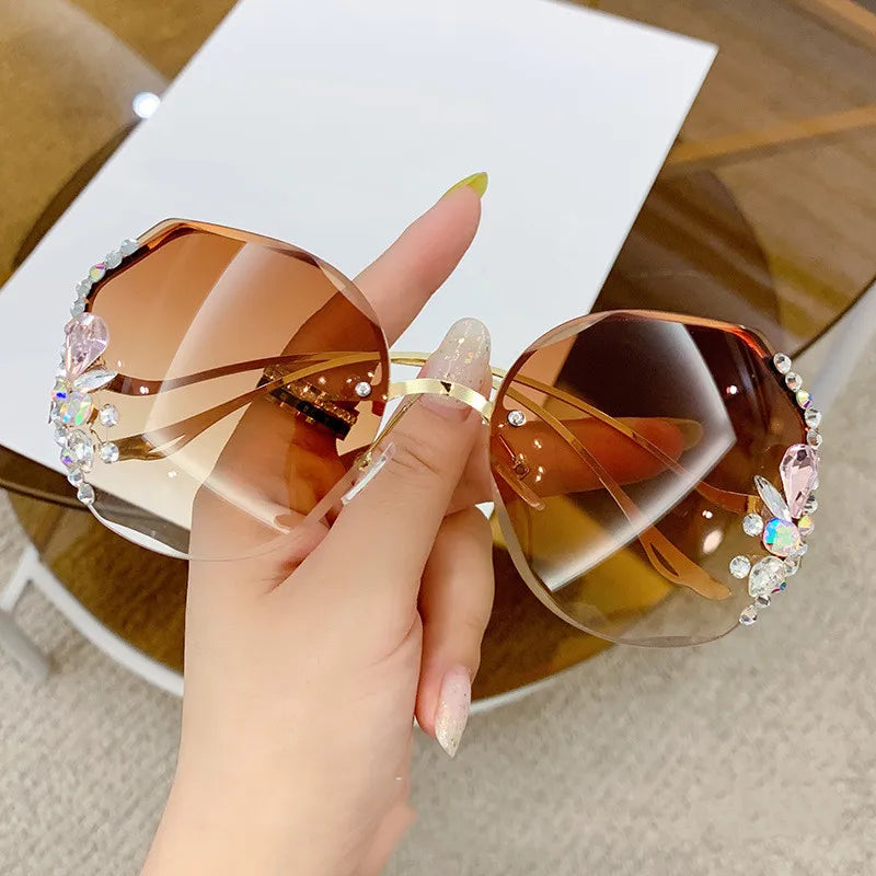 Luxury Fashion Oversized Rimless Sunglasses Women Fashion Brand Designer Big Frame Diamond Square Sun Glasses For Female - Hiron Store