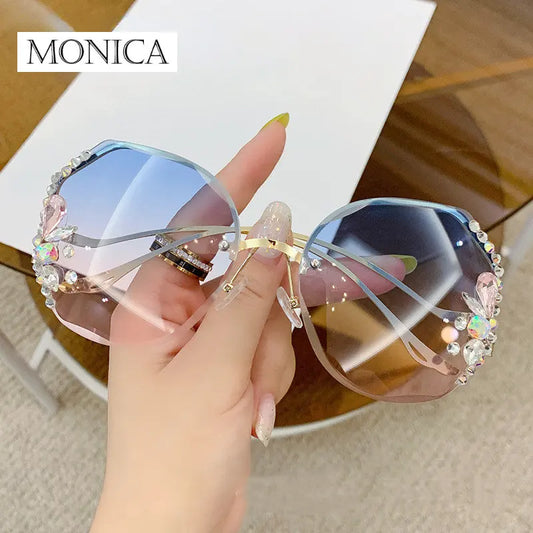 Luxury Fashion Oversized Rimless Sunglasses Women Fashion Brand Designer Big Frame Diamond Square Sun Glasses For Female - Hiron Store