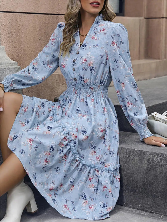 Women Full Sleeve Floral Print V-neck Casual Dress A-Line Knee-Length High Waist Spring Autumn Winter - Hiron Store