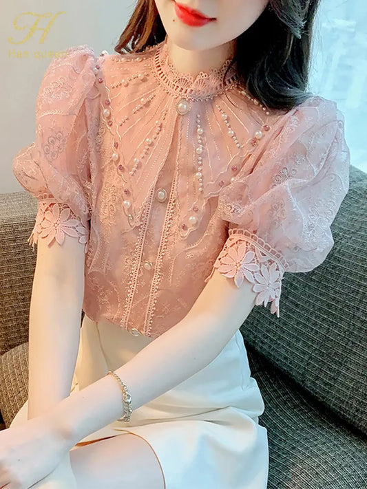 H Han Queen New Blouse Women Spring Summer Embroidery Crochet Beading Shirts Office Work Blouse Puff Sleeve Vintage Loose Tops - Hiron Store