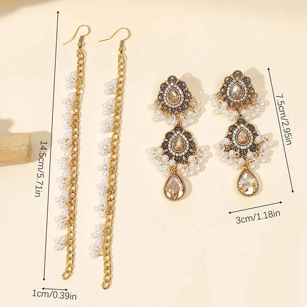 Boho Water Drop Long Earrings Headdress for Women Luxury Crystal Pearl Tassel Wedding Jewellery